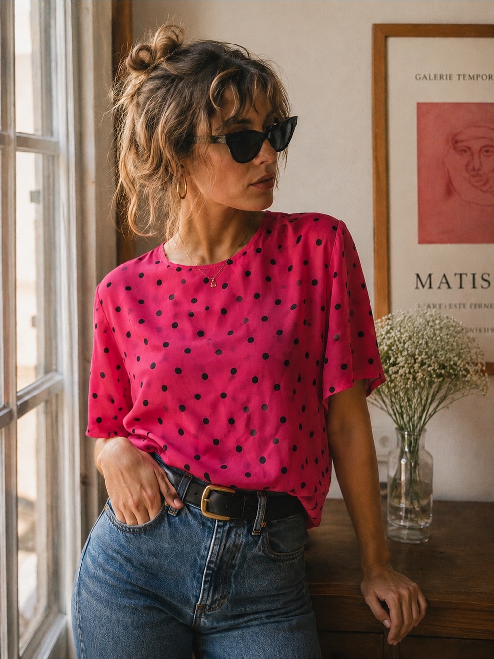100% Silk Pink & Black Polka Dot Blouse Size M